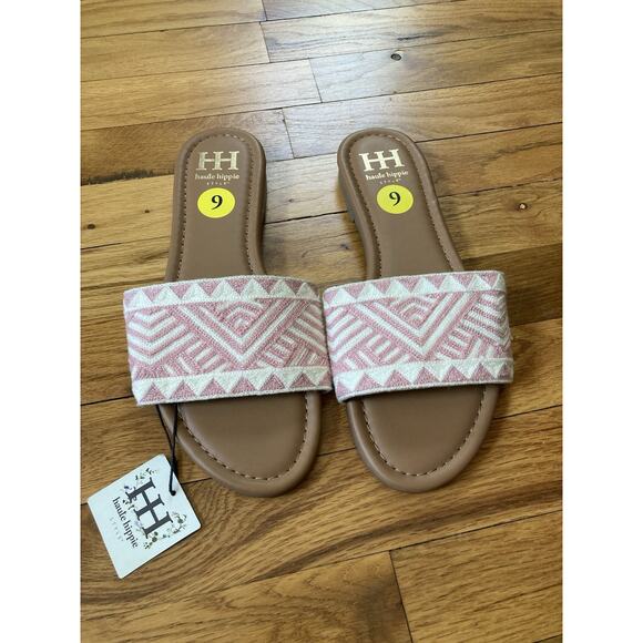 Haute Hippie Sandals Women’s Size 9 Aztec Embroidered Coral & White Boho Slides - Picture 1 of 4